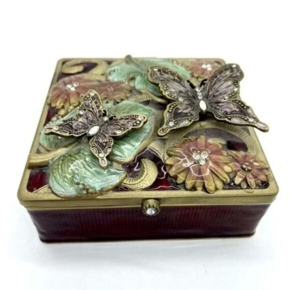 Vintage Floral Butterfly Enamel Rhinestone Jewelled Trinket Box